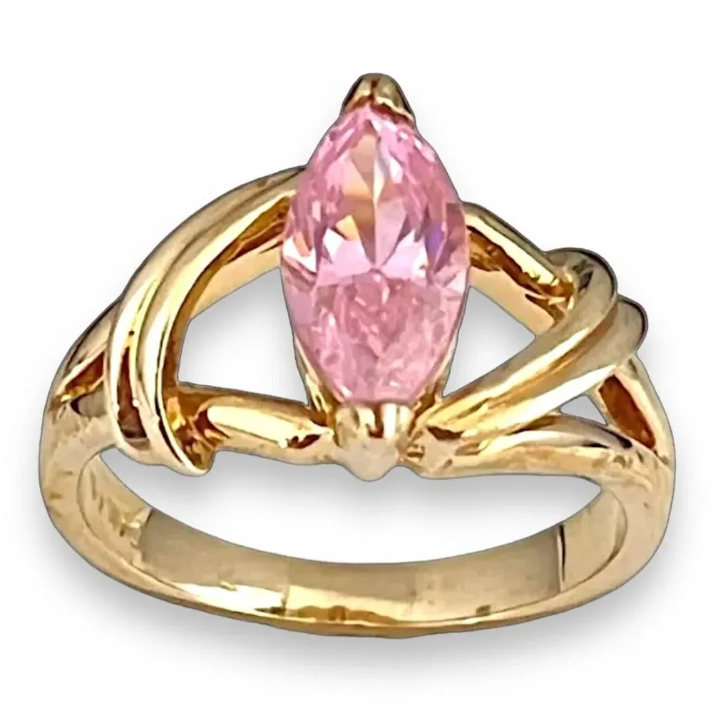 Vintage 1980s Pink CZ Marquise Ring Size 9 14KTGE Gold Plate - 14D